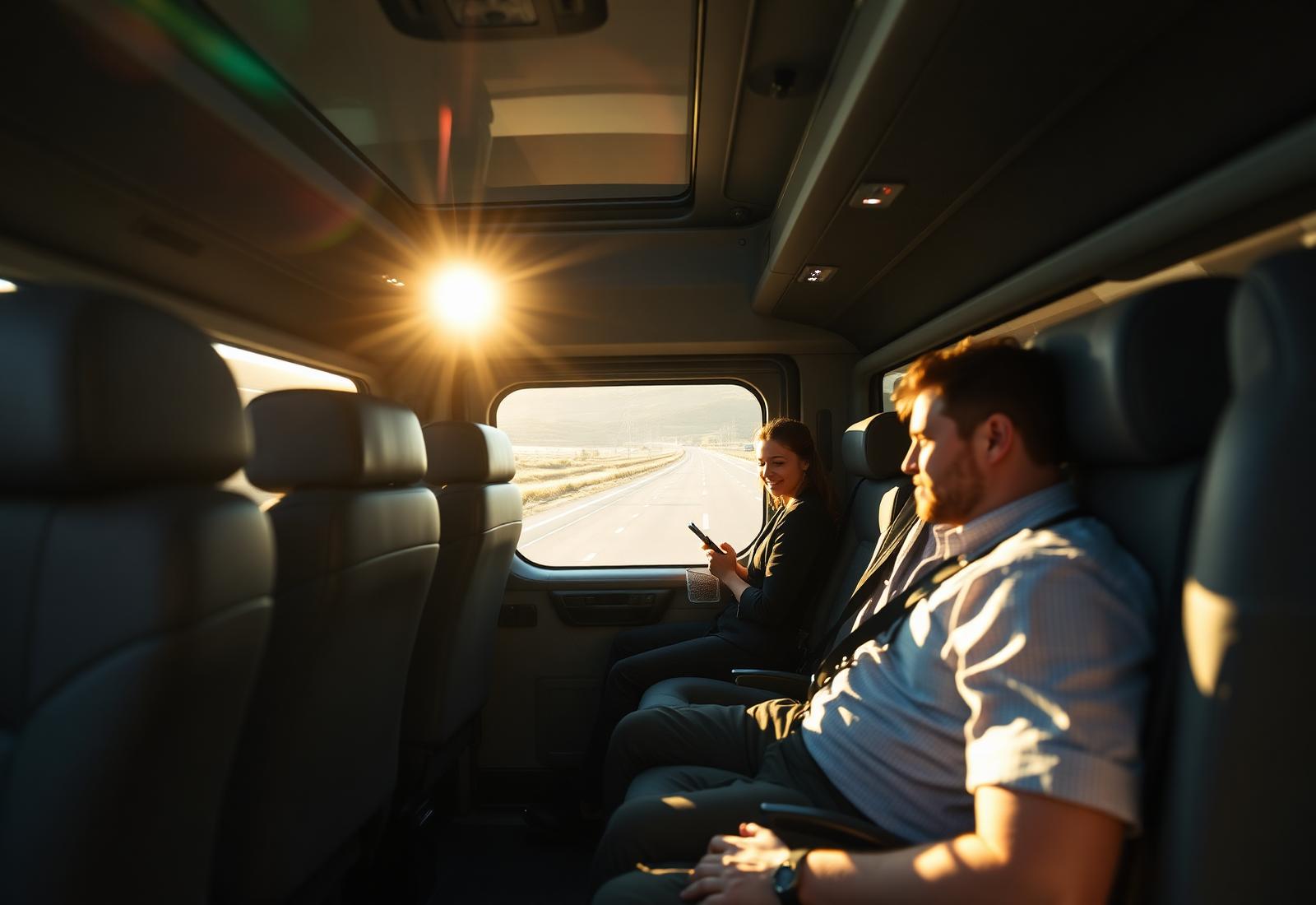 Commuter relaxing in a Good Vibes Transit passenger van at sunrise